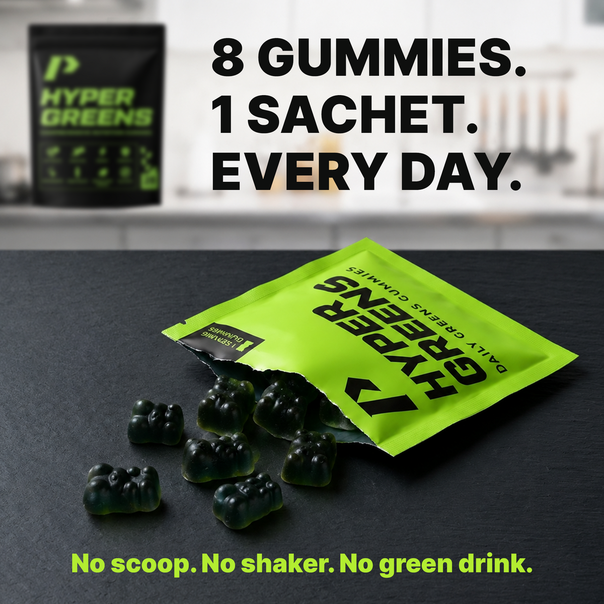 Hyper Greens daily sachet containing 8 berry-flavoured gummies